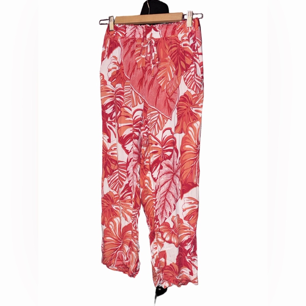 Jane & Delancey Red Tropical Leaf Wide Leg Pants Rayon